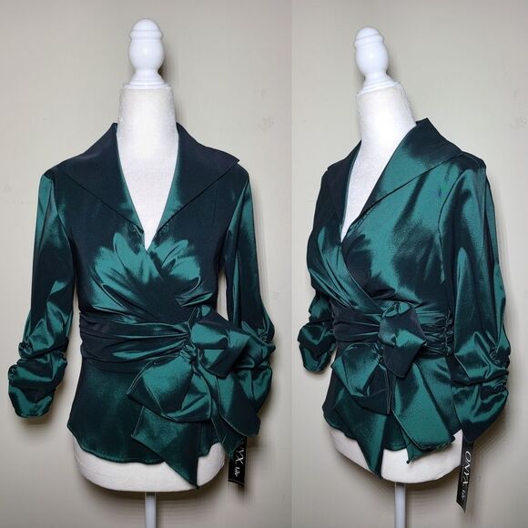 NWT|Onyx Nite Emerald Green Wrap Front Bow Top, SMALL - Picture 1 of 7